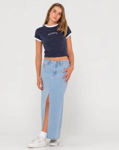 Falda Larga De Mezclilla Celeste De Talle Bajo><noscript><img width=