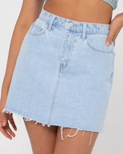 Falda Vaquera Deshilachada De Talle Alto Celeste><noscript><img width=